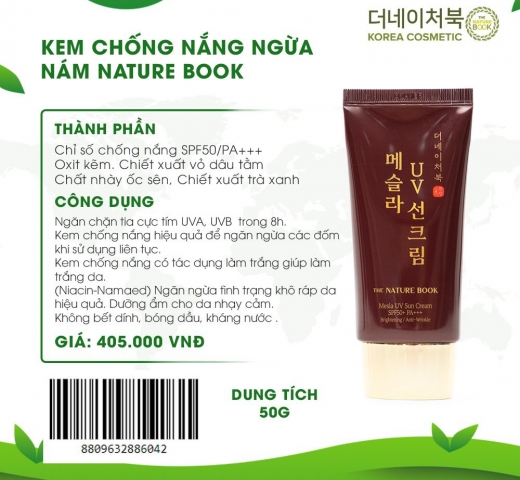 Kem chống nắng ngừa nám Nature Book Mesla UV Sun Cream SPF50+ PA+++